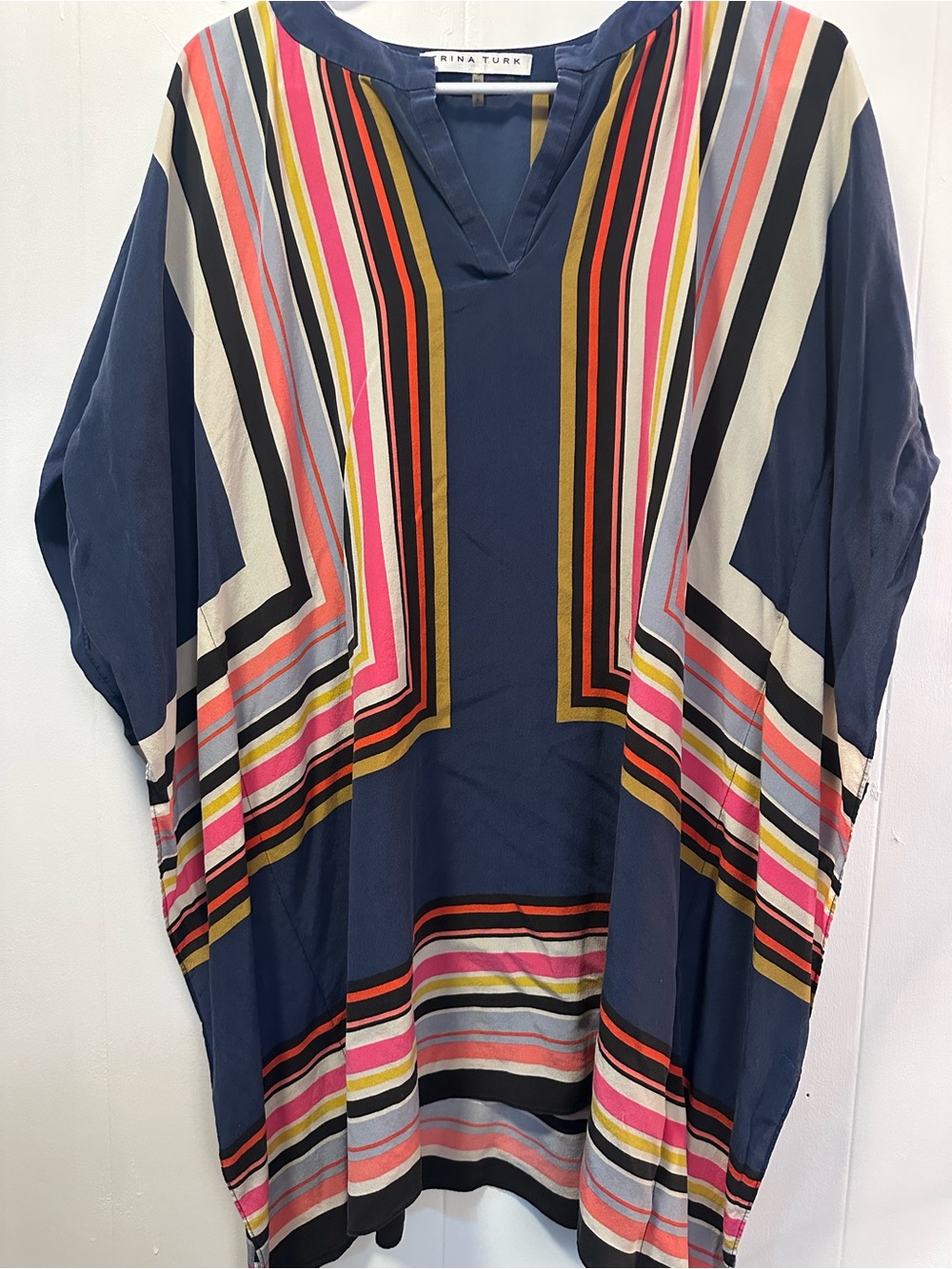 Trina Turk Navy Multicolor Striped V-Neck Pullover